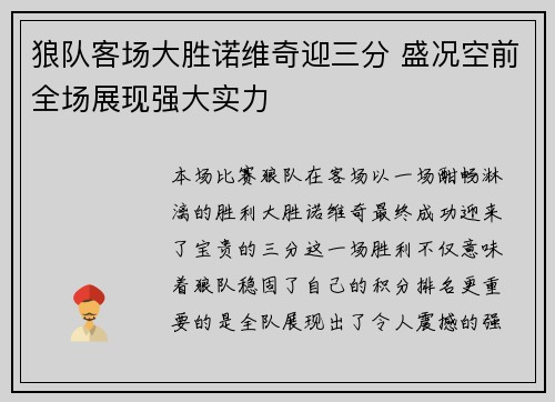 狼队客场大胜诺维奇迎三分 盛况空前全场展现强大实力